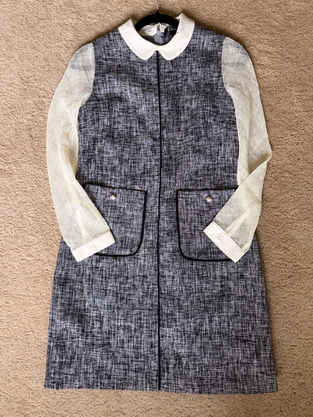CHANEL Gray Tweed A-Line Dress with White Collar